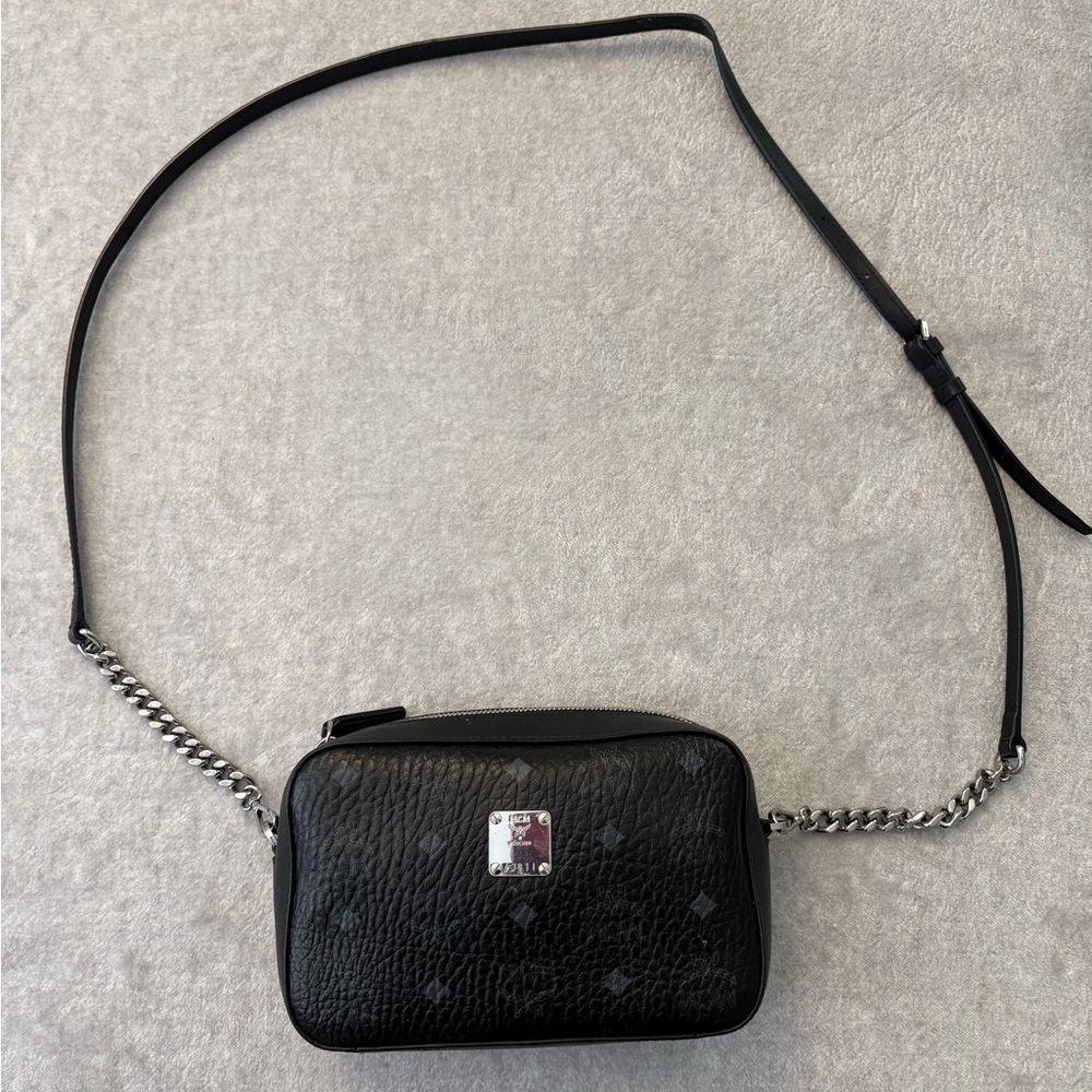 MCM Black Leather Crossbody Camera Bag with Chain Strap